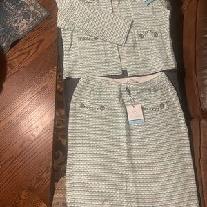 Chic teal and White Tweed Skirt Suit